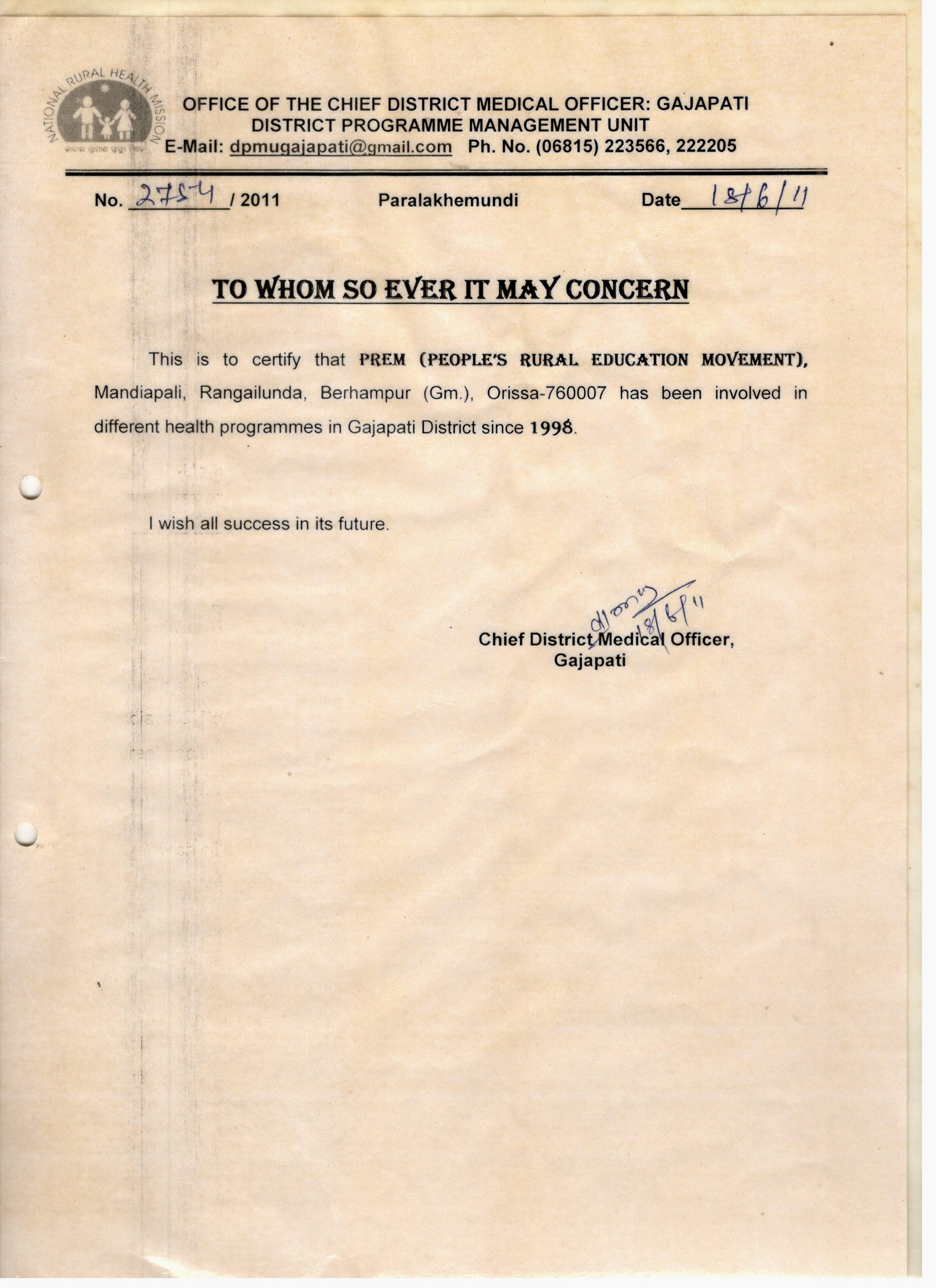 Appreciation letter from Chief District Medical Officer, Gajapati for PREM’s outstanding work in the field of health in the Gajapati District